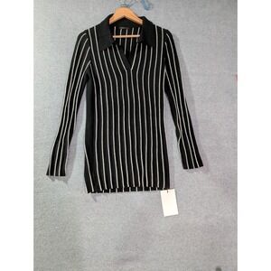 MOTF Ribbed Knit Polo Sweater Top Womens Medium NWT Black Striped Wool Blend